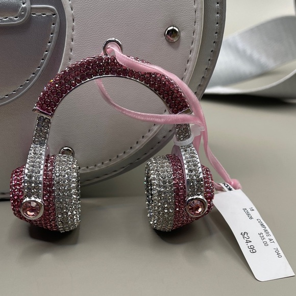 Rachel Zoe Beaded Bag Silver Guitar-Shaped Bag Decorative Crystal Headphones - Picture 3 of 10